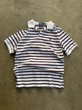 Vintage Polo Ralph Lauren Men's White Striped Short Sleeve Polo Shirt Moisture M